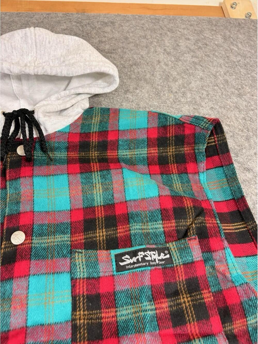 Vintage Surf Style 90s Plaid Flannel Snap Button Sleeveless Hoodie USA Large - Picture 4 of 7